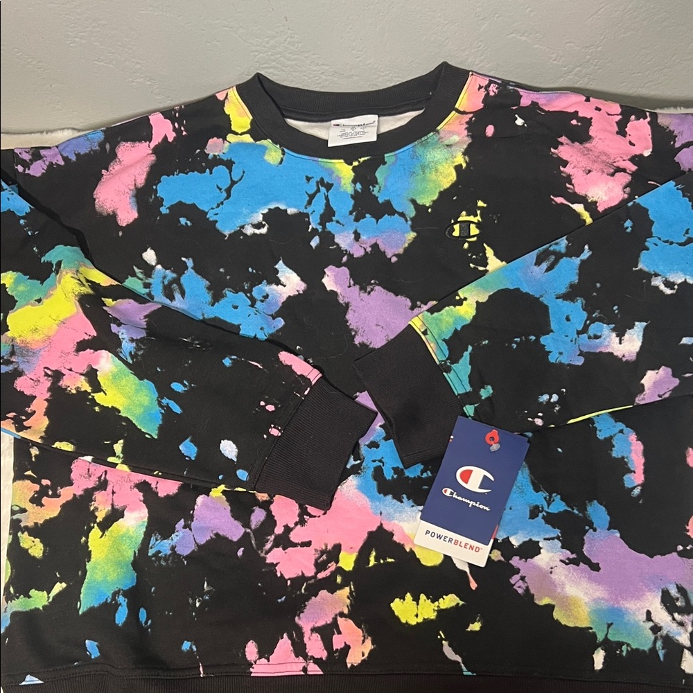 Champion Black Crewneck with Neon Paint-Splash Print